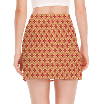 Red Japanese Flower Pattern Print Side Slit Mini Skirt