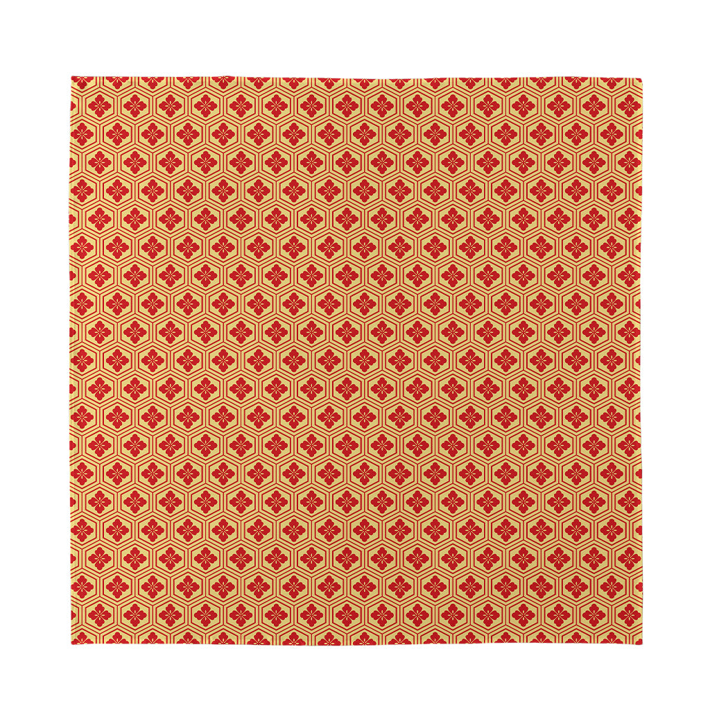 Red Japanese Flower Pattern Print Silk Bandana