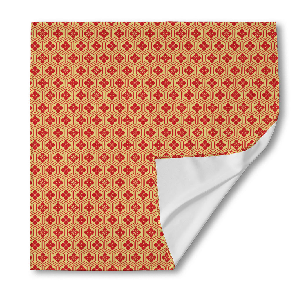 Red Japanese Flower Pattern Print Silk Bandana