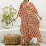 Red Japanese Flower Pattern Print Silk V-Neck Kaftan Dress