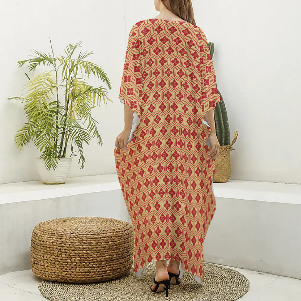 Red Japanese Flower Pattern Print Silk V-Neck Kaftan Dress