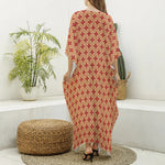 Red Japanese Flower Pattern Print Silk V-Neck Kaftan Dress
