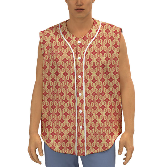 Red Japanese Flower Pattern Print Sleeveless Baseball Jersey