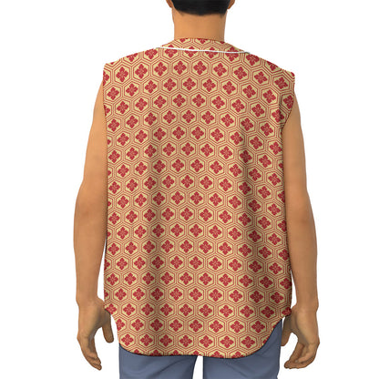 Red Japanese Flower Pattern Print Sleeveless Baseball Jersey