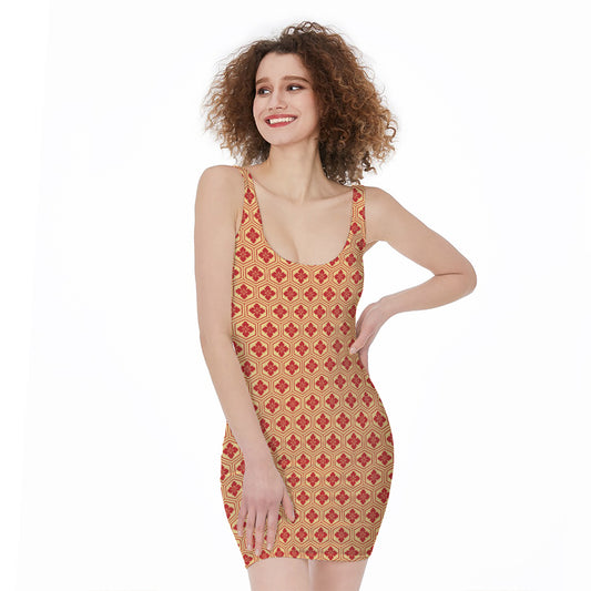 Red Japanese Flower Pattern Print Sleeveless Bodycon Dress