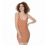 Red Japanese Flower Pattern Print Sleeveless Bodycon Dress
