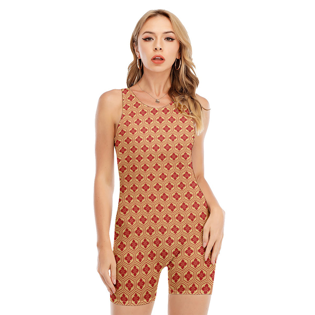 Red Japanese Flower Pattern Print Sleeveless One Piece Swimsuit