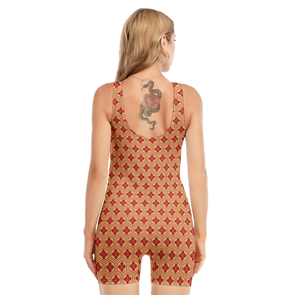 Red Japanese Flower Pattern Print Sleeveless One Piece Swimsuit