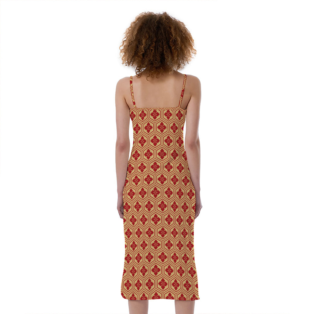 Red Japanese Flower Pattern Print Slim Fit Midi Cami Dress