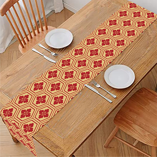 Red Japanese Flower Pattern Print Table Runner
