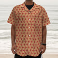 Red Japanese Flower Pattern Print Textured Short Sleeve Shirt