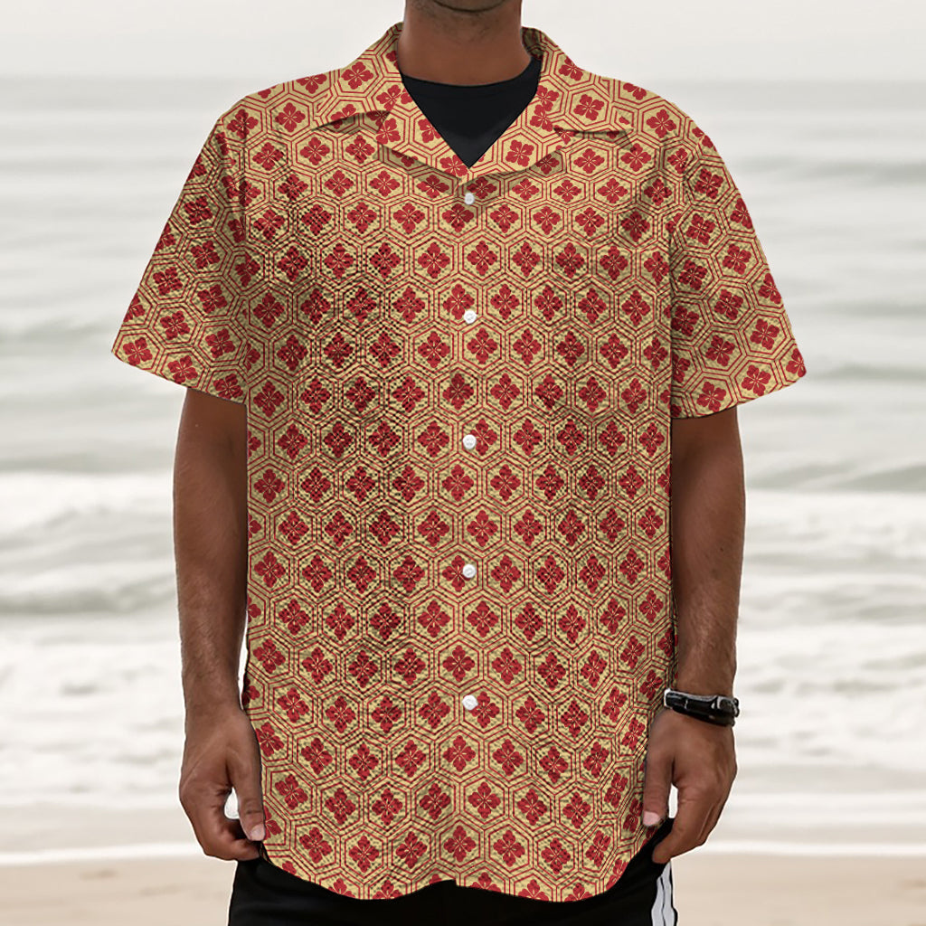 Red Japanese Flower Pattern Print Textured Short Sleeve Shirt