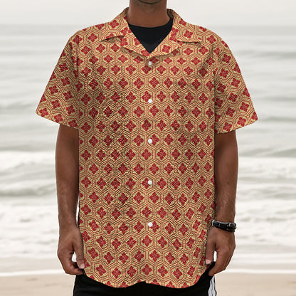 Red Japanese Flower Pattern Print Textured Short Sleeve Shirt