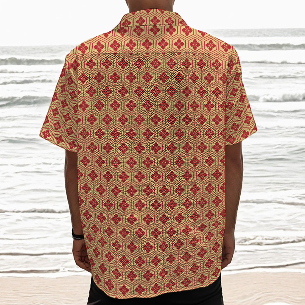 Red Japanese Flower Pattern Print Textured Short Sleeve Shirt