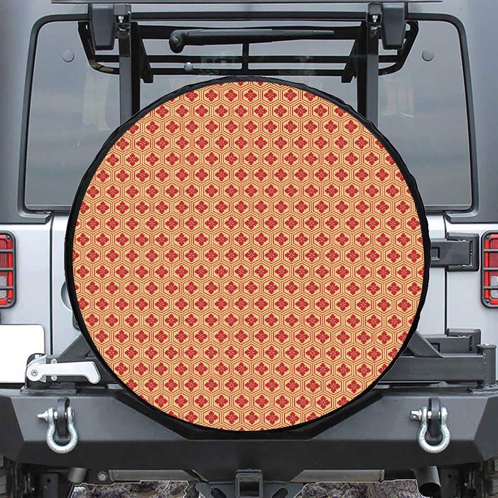 Red Japanese Flower Pattern Print Tire Cover
