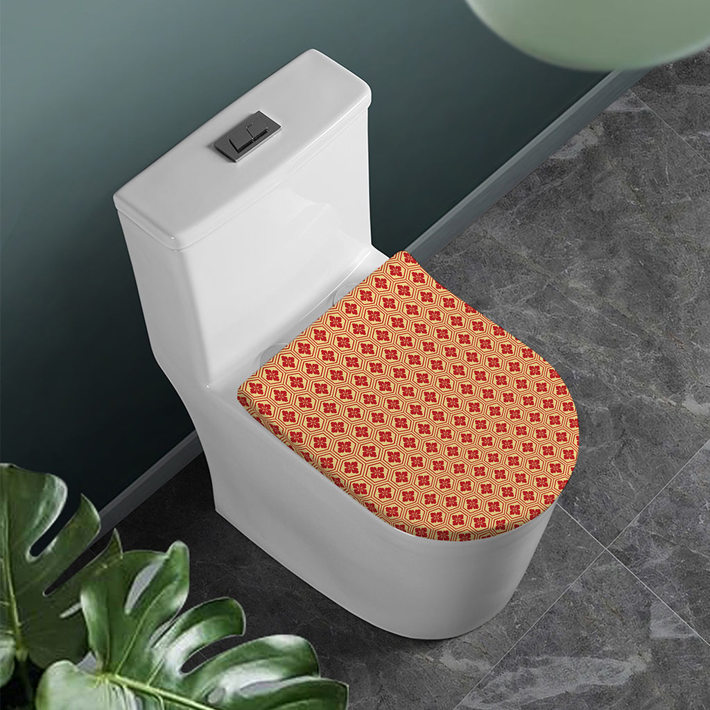 Red Japanese Flower Pattern Print Toilet Lid Cover