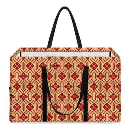Red Japanese Flower Pattern Print Utility Tote Bag