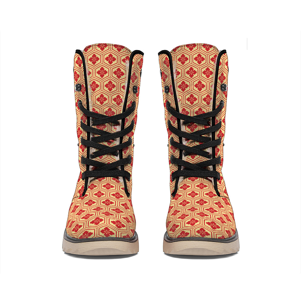 Red Japanese Flower Pattern Print Winter Boots