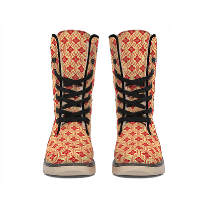 Red Japanese Flower Pattern Print Winter Boots