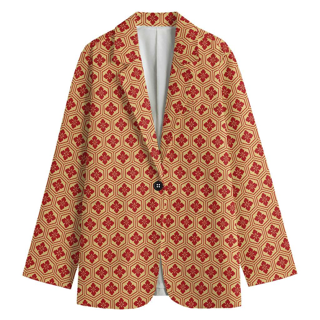 Red Japanese Flower Pattern Print Women's Cotton Blazer