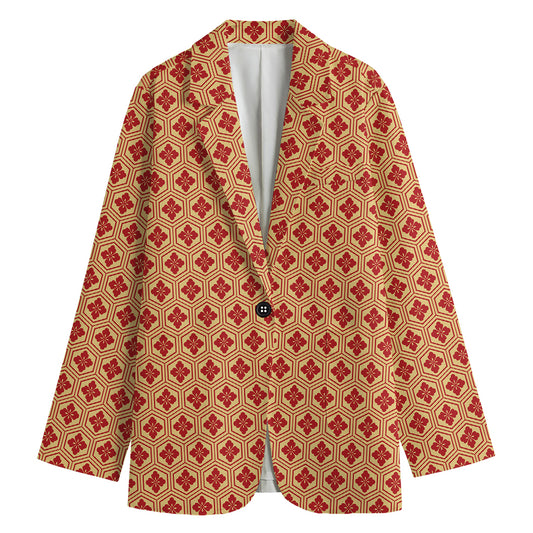 Red Japanese Flower Pattern Print Women's Cotton Blazer