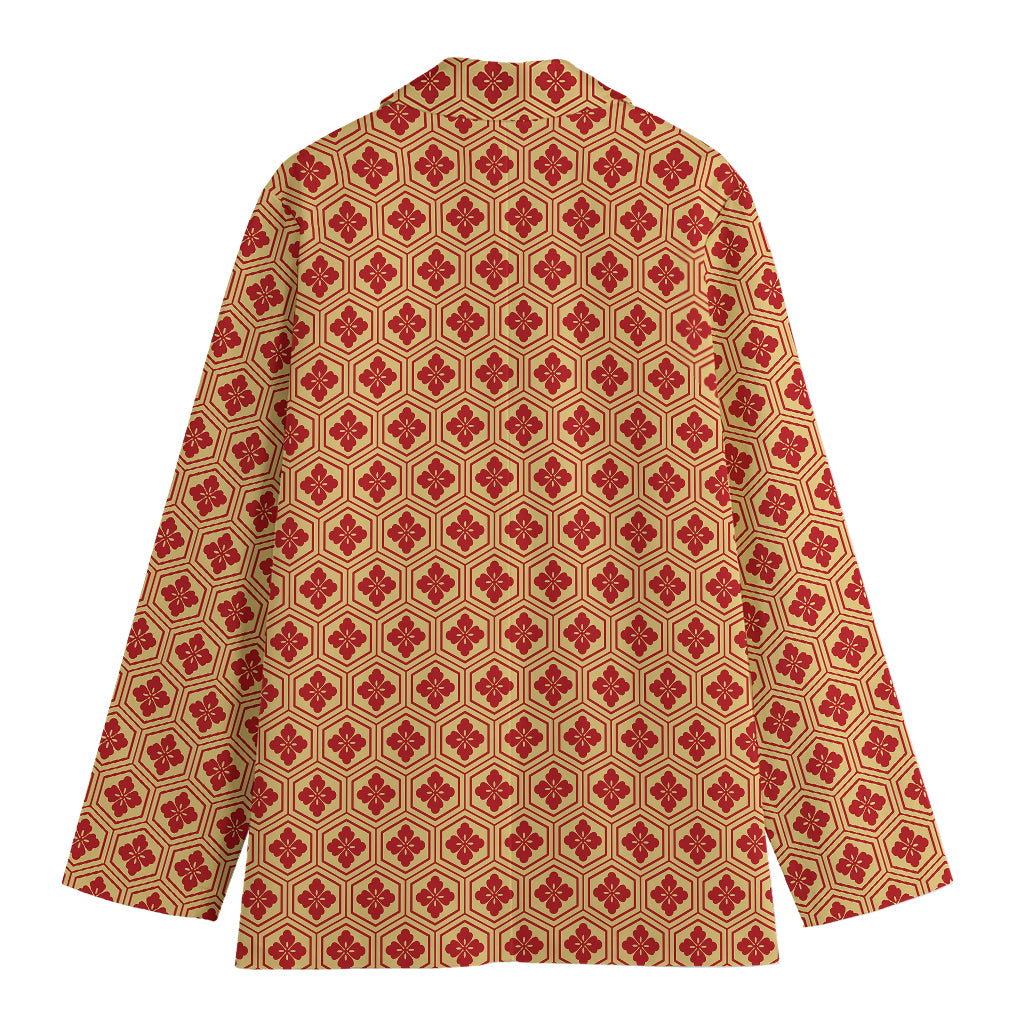 Red Japanese Flower Pattern Print Women's Cotton Blazer