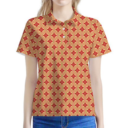 Red Japanese Flower Pattern Print Women's Polo Shirt