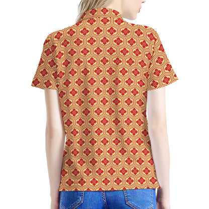 Red Japanese Flower Pattern Print Women's Polo Shirt