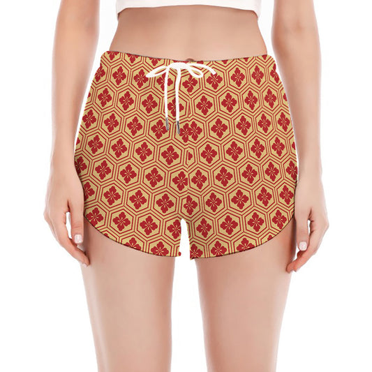 Red Japanese Flower Pattern Print Women's Split Running Shorts