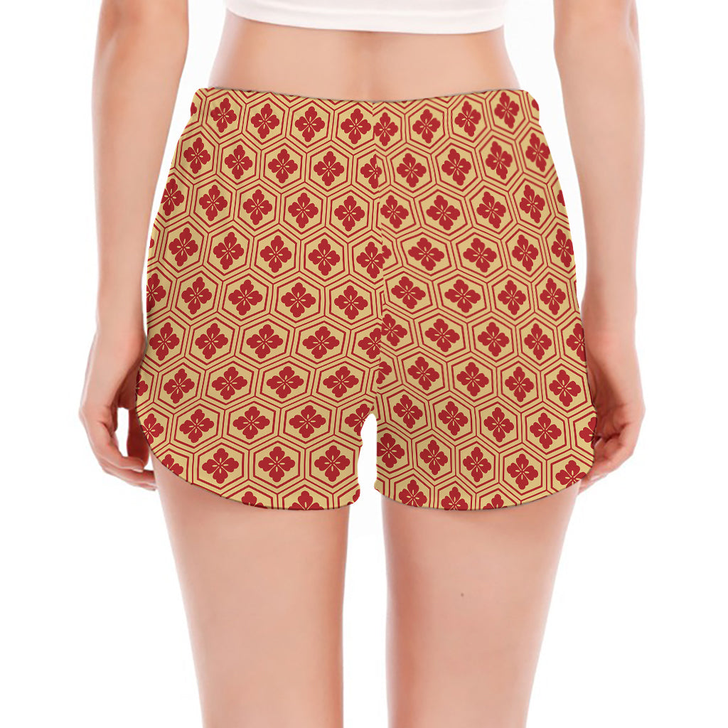 Red Japanese Flower Pattern Print Women's Split Running Shorts