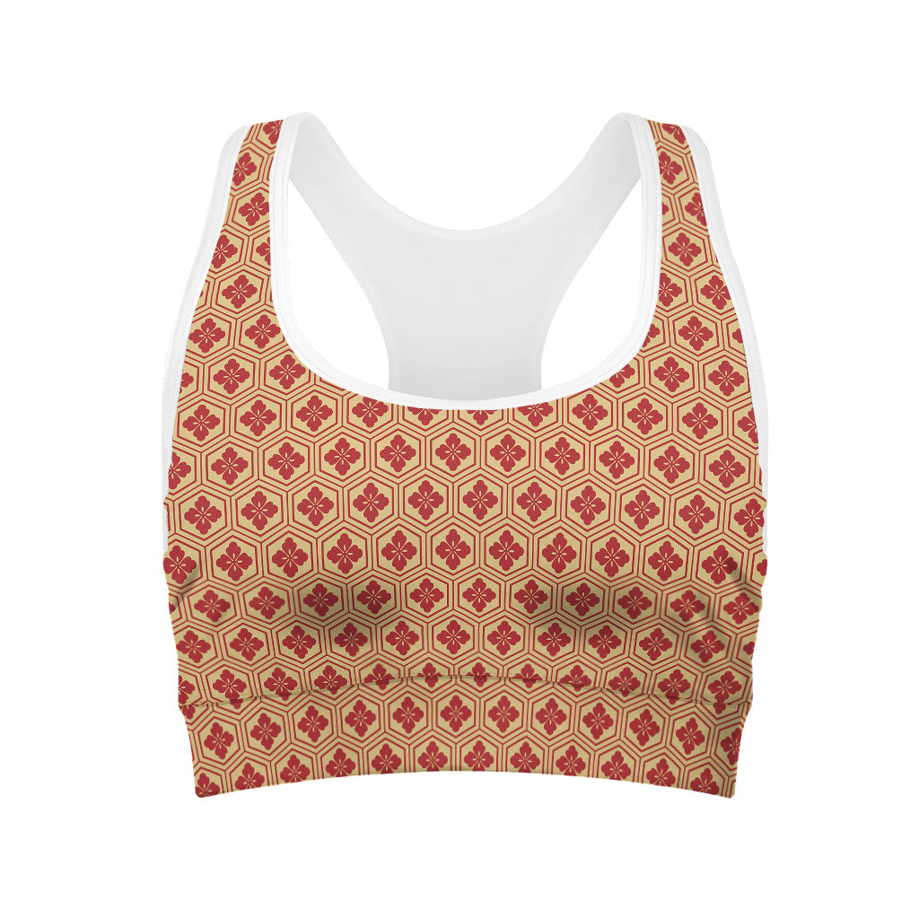 Red Japanese Flower Pattern Print Women's Sports Bra