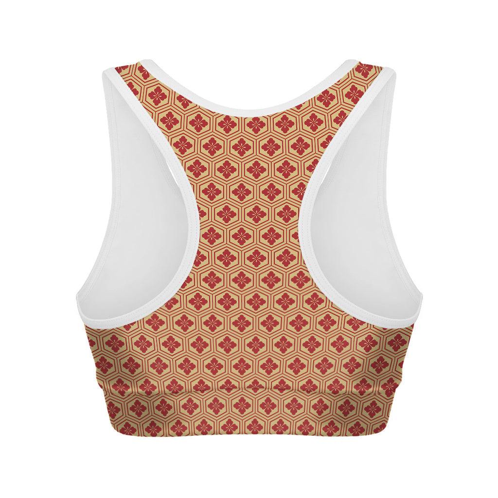 Red Japanese Flower Pattern Print Women's Sports Bra