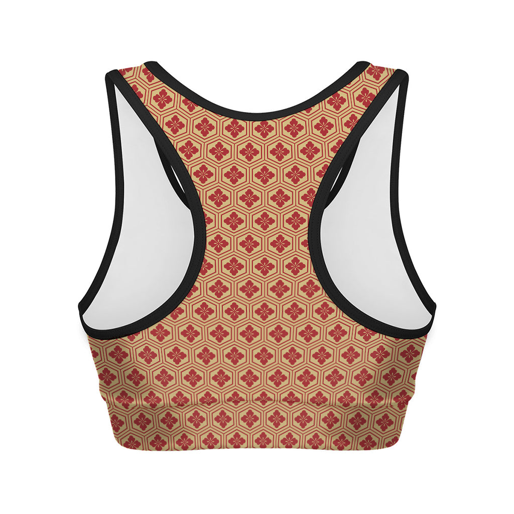 Red Japanese Flower Pattern Print Women's Sports Bra