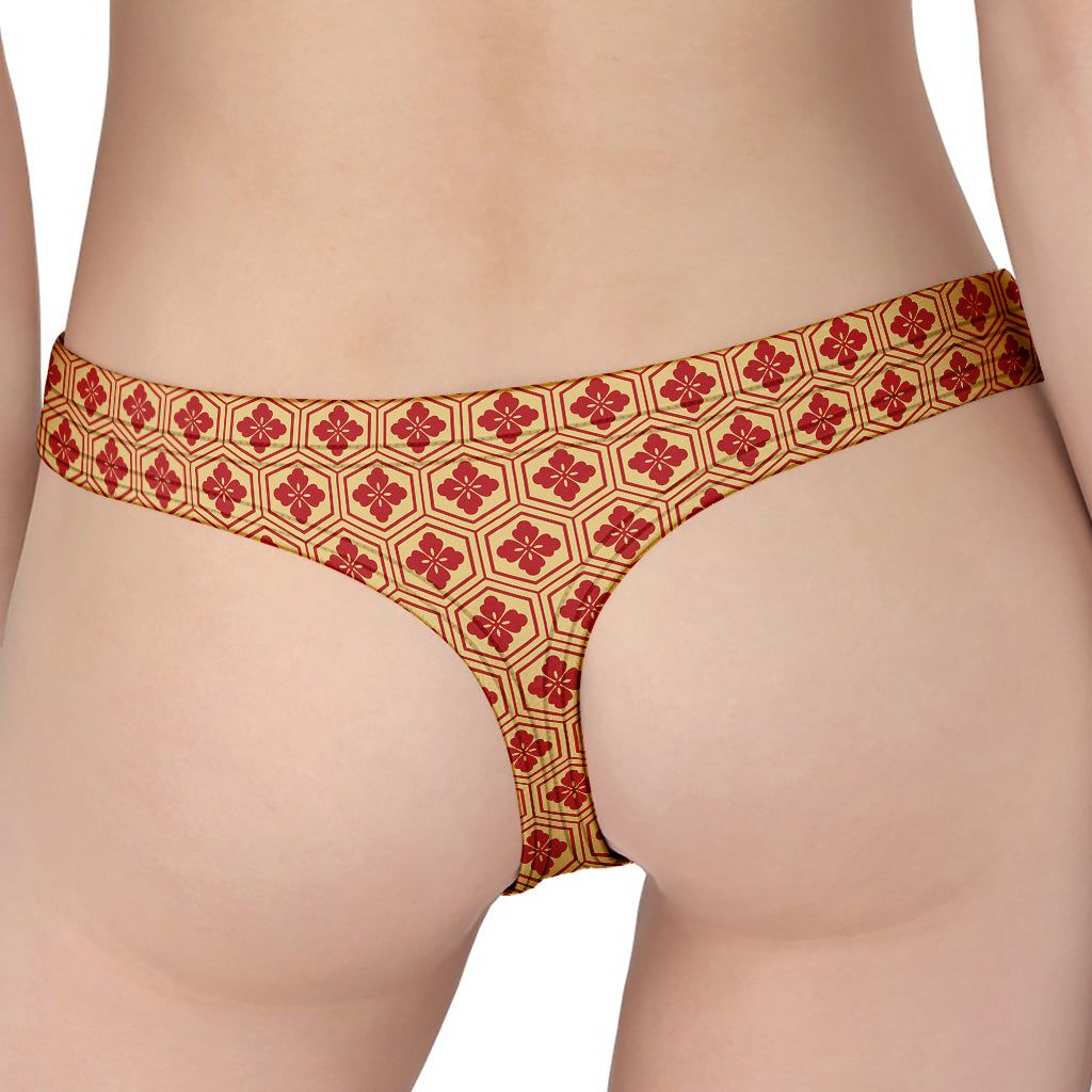 Red Japanese Flower Pattern Print Women's Thong