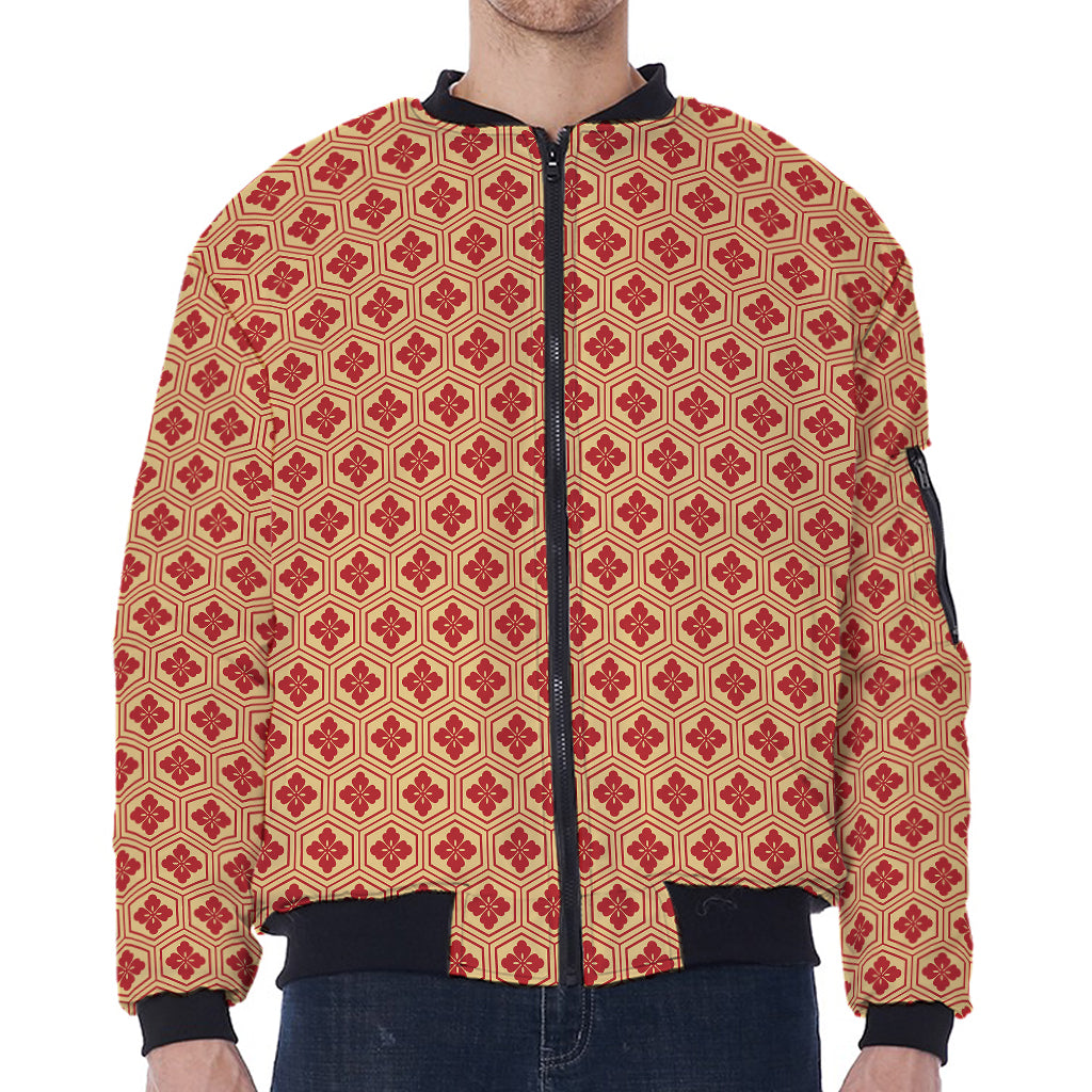 Red Japanese Flower Pattern Print Zip Sleeve Bomber Jacket