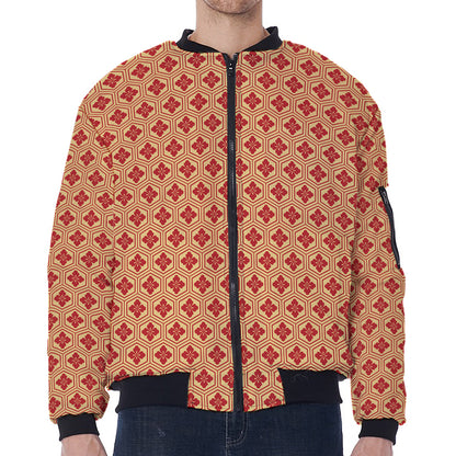 Red Japanese Flower Pattern Print Zip Sleeve Bomber Jacket