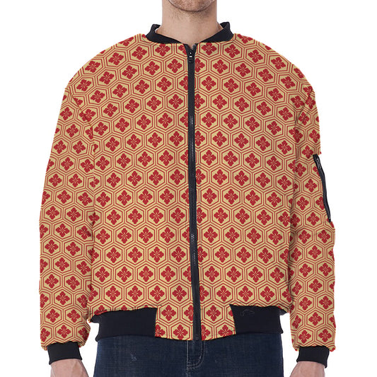 Red Japanese Flower Pattern Print Zip Sleeve Bomber Jacket