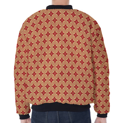 Red Japanese Flower Pattern Print Zip Sleeve Bomber Jacket