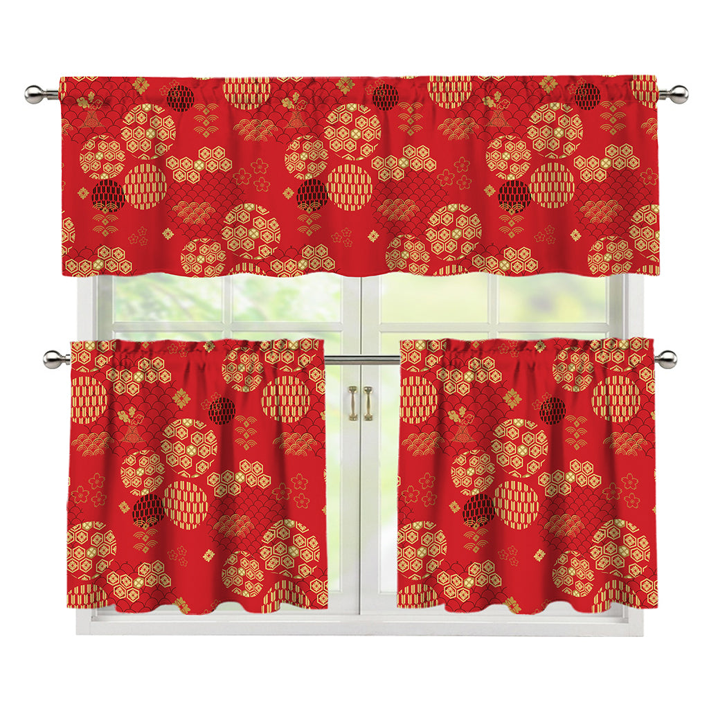 Red Japanese Pattern Print 3 Piece Kitchen Curtains