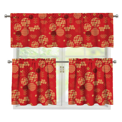 Red Japanese Pattern Print 3 Piece Kitchen Curtains