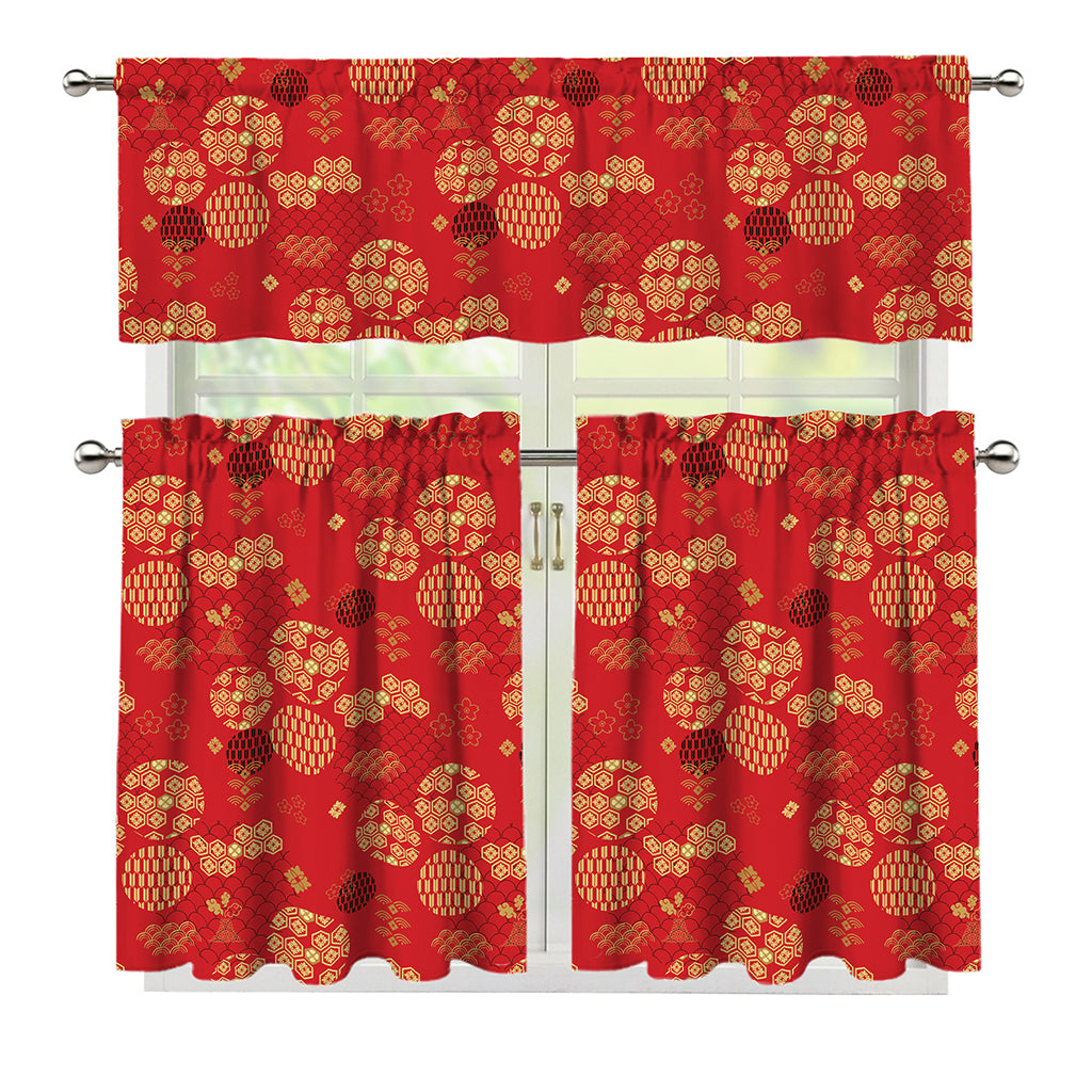 Red Japanese Pattern Print 3 Piece Kitchen Curtains