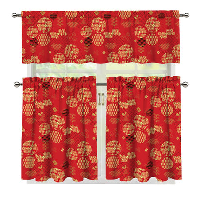 Red Japanese Pattern Print 3 Piece Kitchen Curtains