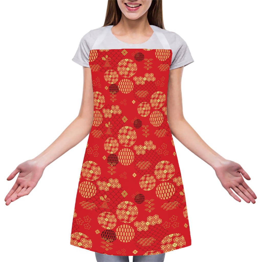 Red Japanese Pattern Print Adjustable Apron