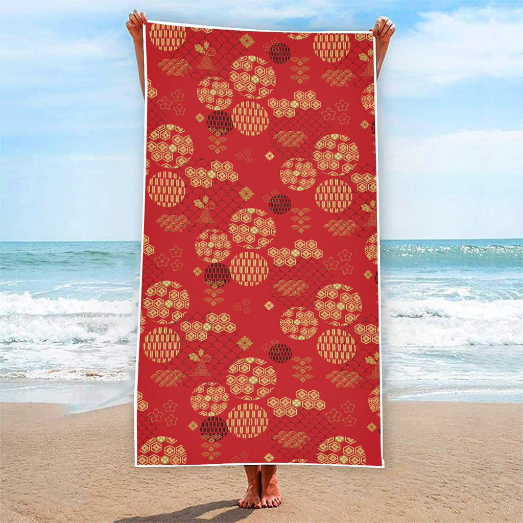 Red Japanese Pattern Print Beach Towel