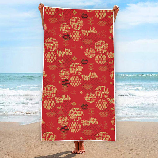 Red Japanese Pattern Print Beach Towel