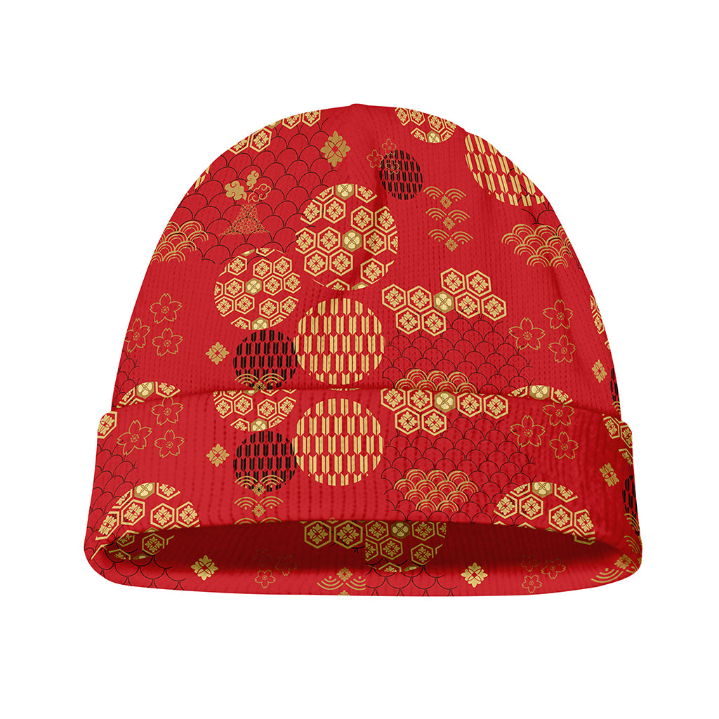 Red Japanese Pattern Print Beanie