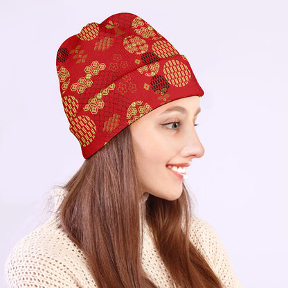 Red Japanese Pattern Print Beanie