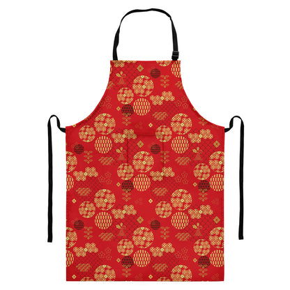Red Japanese Pattern Print Bib Apron With Pocket