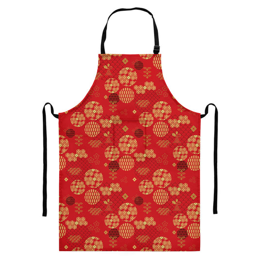 Red Japanese Pattern Print Bib Apron With Pocket