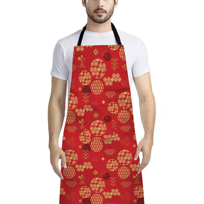 Red Japanese Pattern Print Bib Apron With Pocket